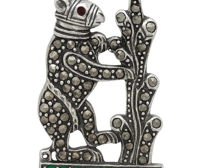 Antique Inspired Marcasite Brooch Ruby Eye and Emerald Collectable 925 Sterling Silver