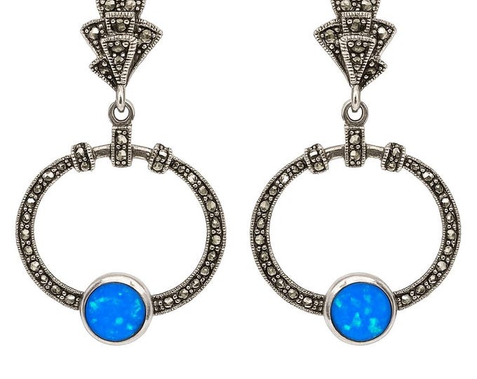 Vintage Art Deco Style 925 Sterling Silver Hoop Earrings with Marcasite & Blue Gilson Opal Stones
