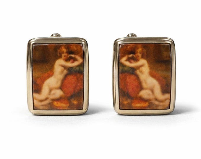 Antique Erotic Enamel Cufflinks 925 Sterling Silver Hand Painted Nude Portrait, Collectible Gentleman’s Jewelry