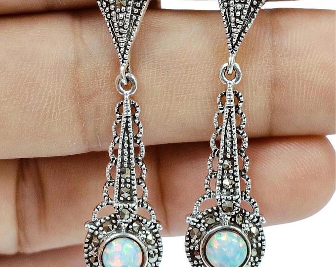 Art Deco Inspired Gilson Opal and Marcasite 925 Sterling Silver Earrings