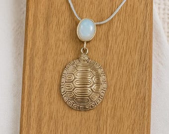 Victorian Gilson Opal Turtle Pendant, Ruby Eyes, 925 Sterling Silver