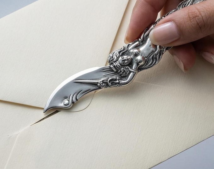 Art Nouveau Mermaid Letter Opener, Vintage Style Silver Desk Accessory 925 Silver Plate