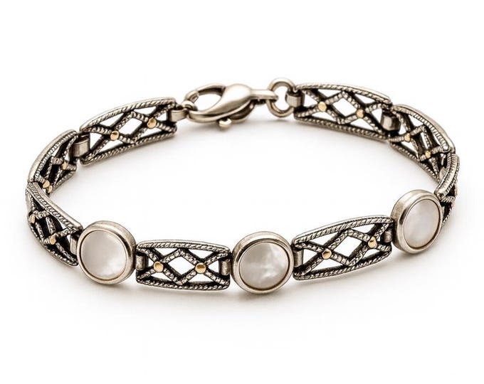 Art Deco Sterling Silver Bracelet, Mother of Pearl & Marcasite
