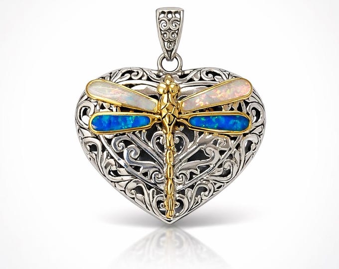 Art Nouveau Inspired Gilson Opal Filigree Heart Pendant Gold Plated Dragonfly 925 Sterling Silver