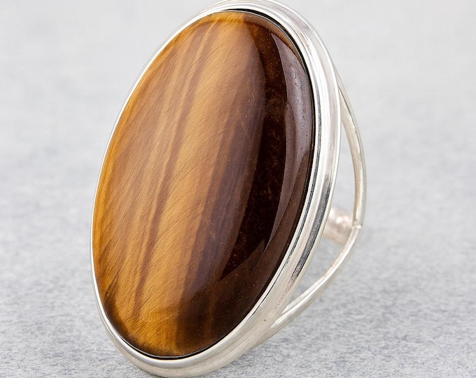 Large 925 Sterling Silver Tiger’s Eye Ring Natural Gemstone Statement Ring, Brown Golden Crystal Jewelry, Healing Stone Gift for Her