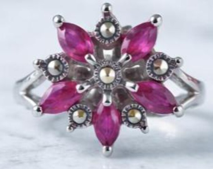 Natural Ruby Marcasite Ring, 925 Sterling Silver Vintage Statement Ring
