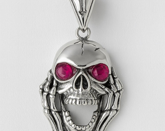Skull Pendant Ruby Eyes 925 Sterling Silver Hallmarked