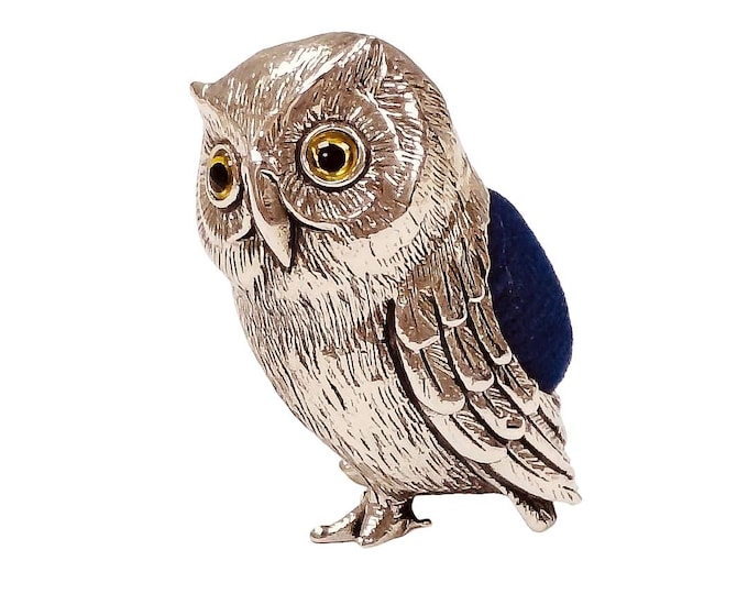 Vintage Style Sterling Silver Owl Pin Cushion Collectible Sewing Accessory with Glass Eyes, Velvet Backing, Unique Gift for Sewers