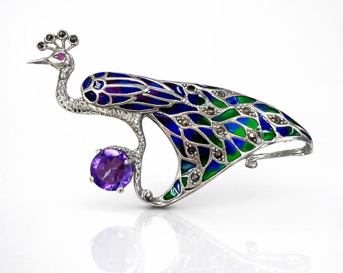 Vintage Art Nouveau Peacock Brooch 925 Sterling Silver Plique à Jour Enamel Pin with Purple Amethyst Stone and Marcasite Accents
