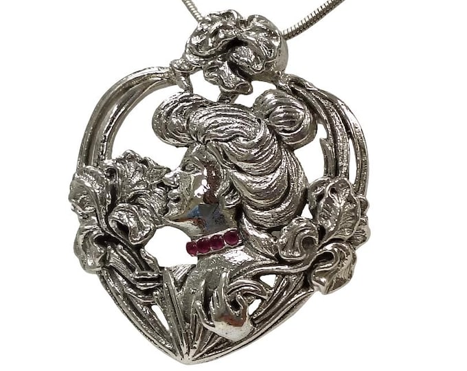 Victorian Inspired Floral Ruby Lady Heart Shaped Pendant 925 Sterling Silver