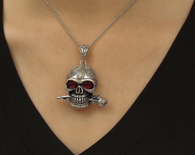 Skull Rose Pendant Ruby Eyes 925 Sterling Silver Hallmarked