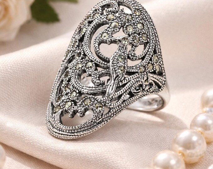 Vintage Style 925 Sterling Silver Bird Ring with Marcasite Accents Art Deco Statement Jewelry