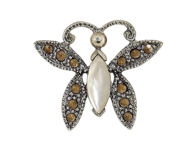 Vintage Butterfly Brooch with Mother of Pearl and Marcasite Accents 925 Sterling Silver Insect Jewelry Pin