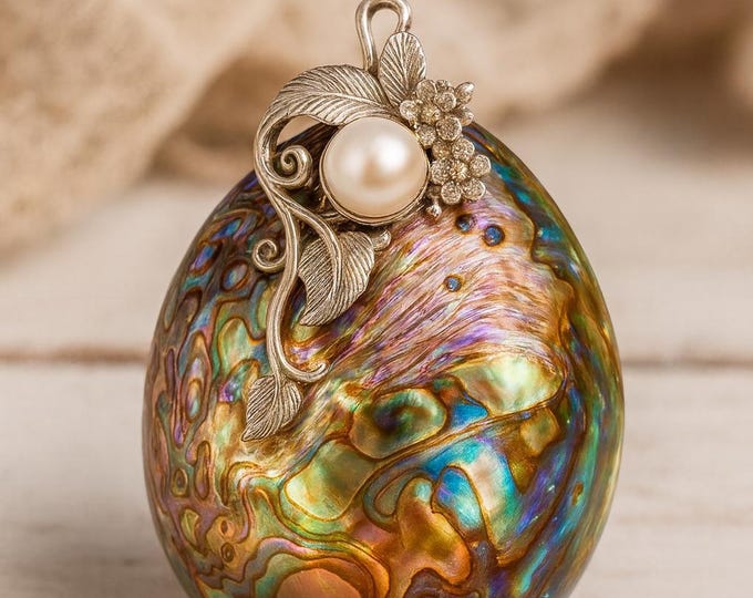 Art Nouveau Inspired Abalone Floral Leaf Freshwater Pearl Pendant 925 Sterling Silver