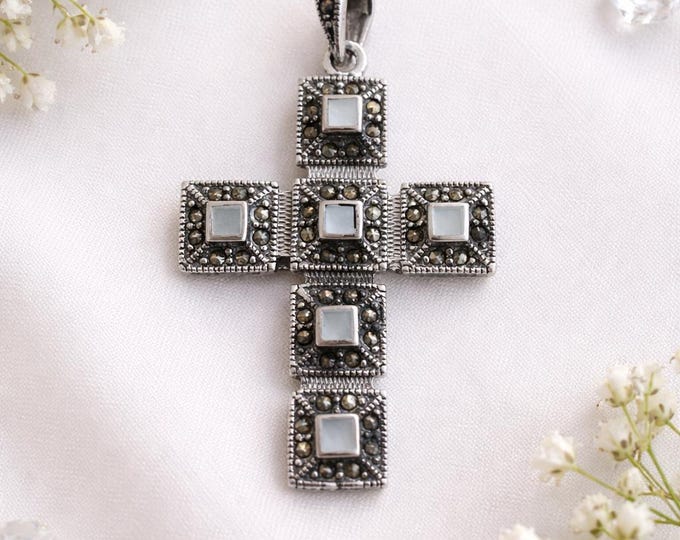 Victorian Style 925 Sterling Silver Mother of Pearl and Marcasite Cross Pendant Antique Inspired Gemstone Necklace