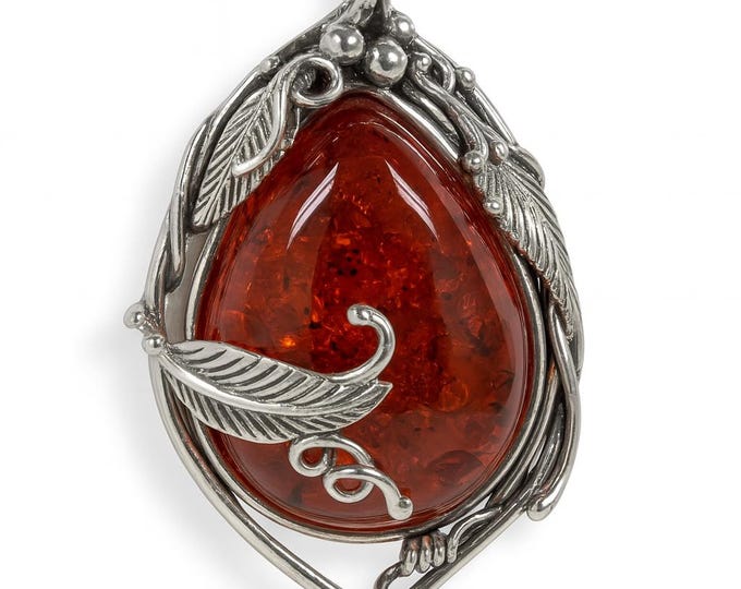 Art Nouveau Inspired Honey Amber Leaf Pendant 925 Sterling Silver