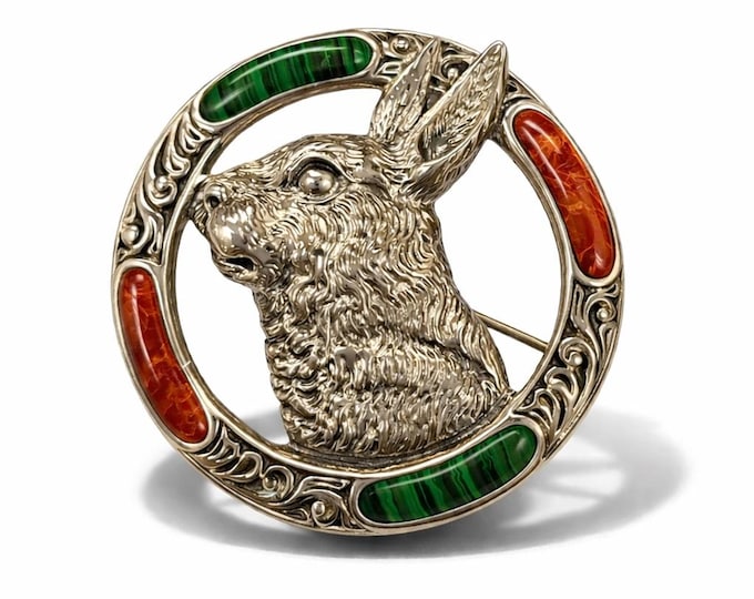 Antique Inspired Hare Coral and Malachite Brooch 925 Sterling Silver