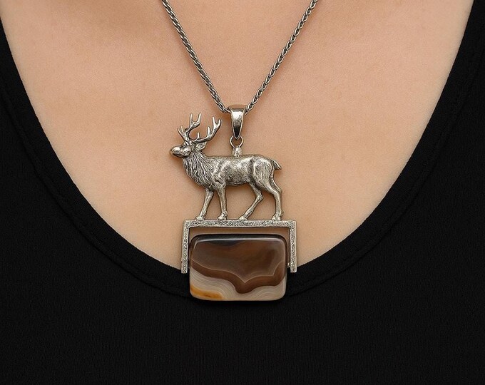 Agate Stag Pendant 925 Sterling Silver
