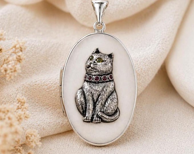 925 Silver Plate Ruby and Emerald Kitten Cat Locket Pendant, Engraved Cat Necklace