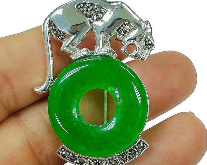Art Deco Inspired Marcasite and Jade Panther Brooch 925 Sterling Silver