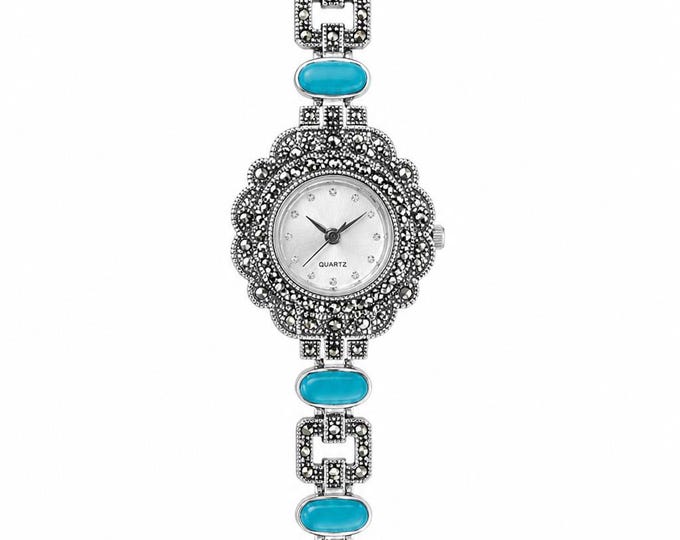 Vintage Style Sterling Silver Bracelet Watch, Cubic Zirconia Turquoise Gemstone