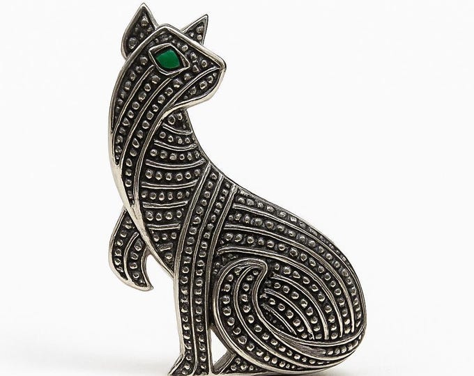 Art Deco Inspired Emerald Cat Brooch 925 Sterling Silver