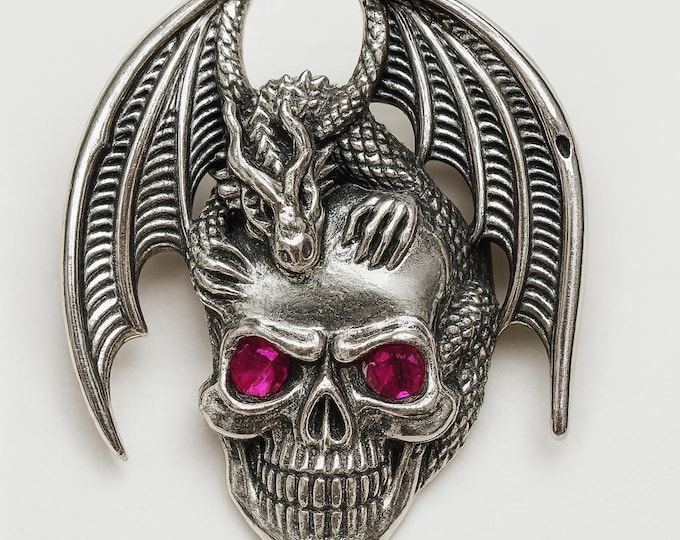 Antique Inspired Ruby Bat Skull Brooch 925 Sterling Silver