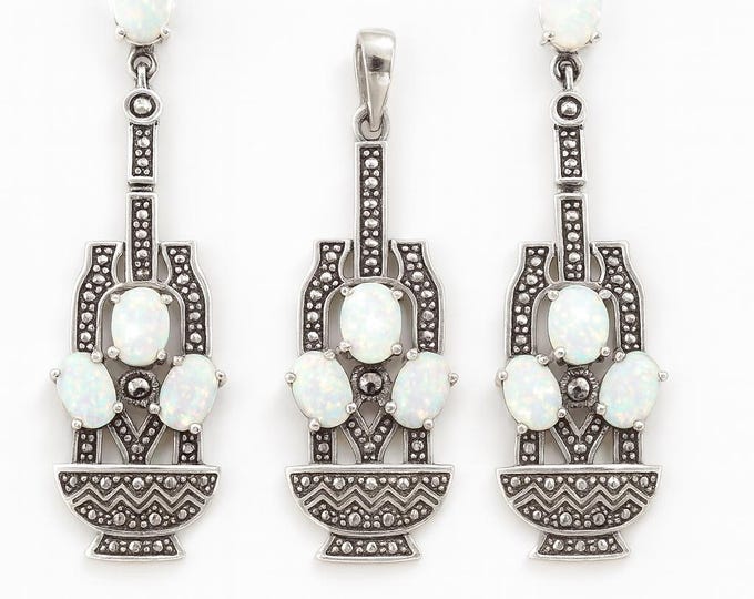 Art Deco Inspired Basket of Flowers White Gilson Opal and Marcasite 925 Sterling Silver Earrings and Pendant Set