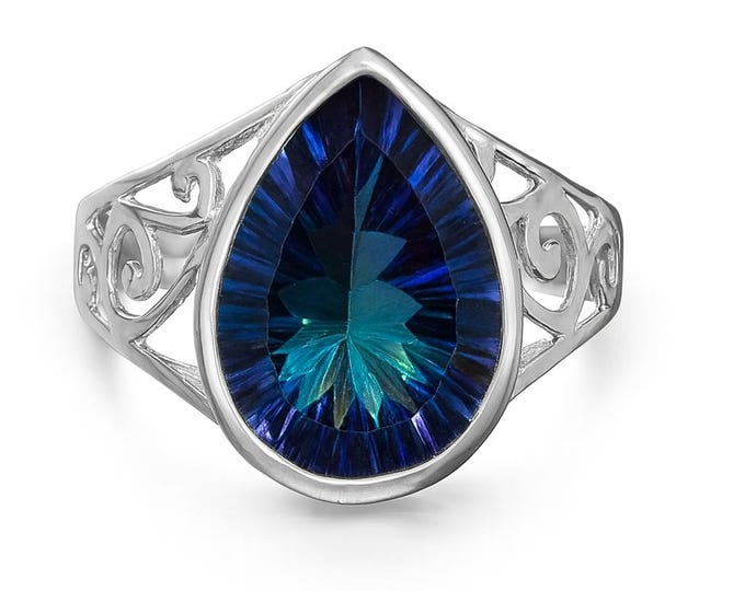 Mystic Topaz Filigree Ring Teardrop Blue Gemstone Statement Cocktail Ring in 925 Sterling Silver, Bold Modern Jewelry Gift for Her