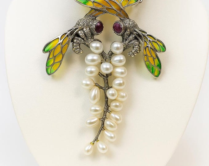 Art Nouveau Inspired Ruby Plique a Jour Insect Pearl Necklace 925 Sterling Silver Hallmarked