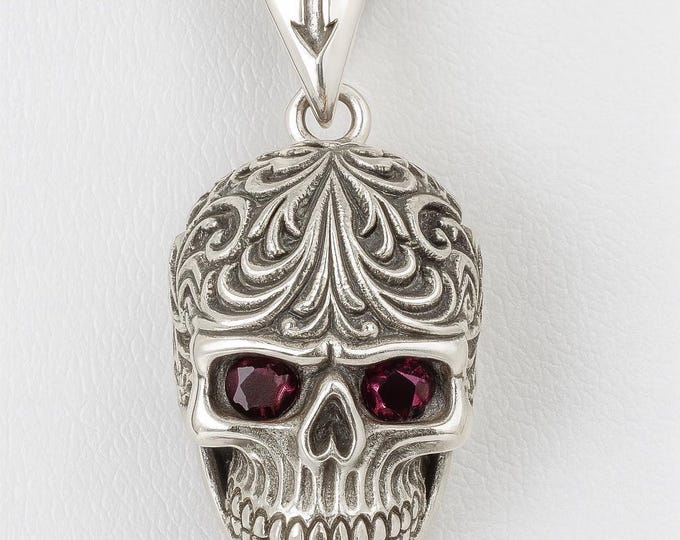 Skull Pendant Ruby Eyes 925 Sterling Silver Hallmarked