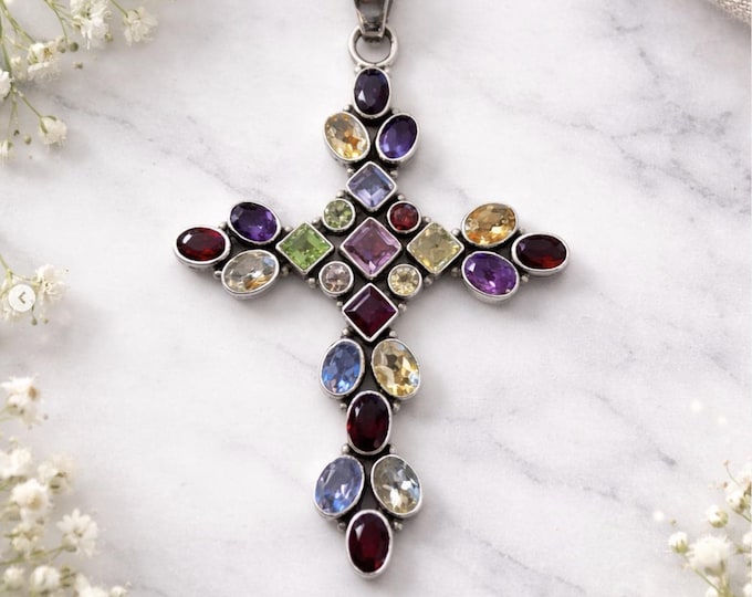 925 Sterling Silver Multi Gemstone Cross Pendant, Amethyst Garnet Citrine Peridot Cross Necklace