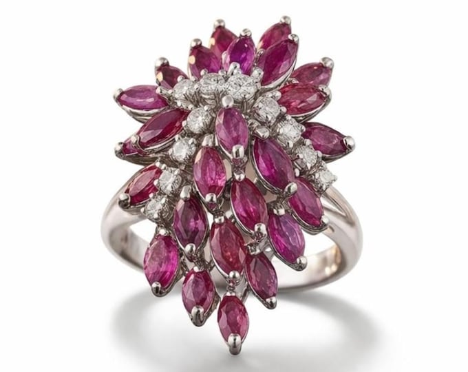 Ruby Diamond Cascade Ring 14K White Gold 8.15 CTW Size 9