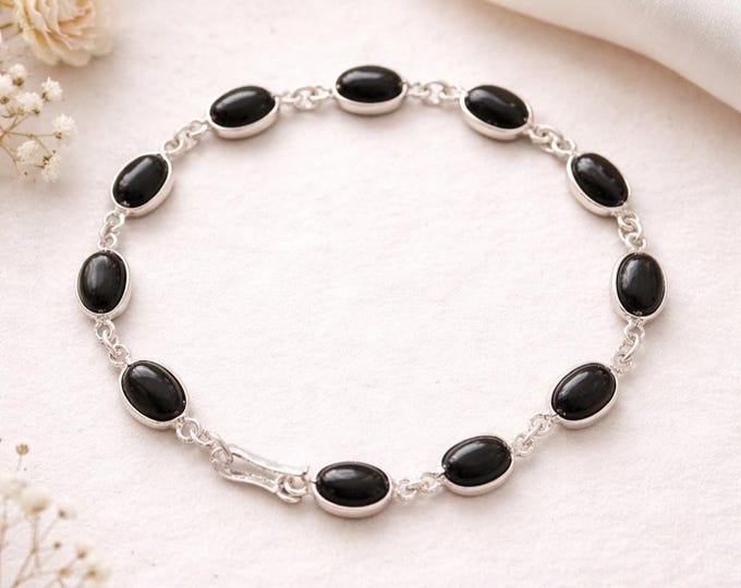 Black Onyx 925 Sterling Silver Bracelet Oval Cabochon Link Bracelet Vintage Style Gift for Her