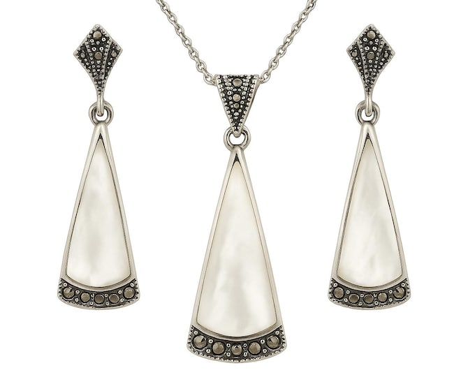 Art Deco Inspired Onyx, Coral, Mother of Pearl, Lapis and Marcasite Set 925 Sterling Silver Earrings Pendant Set