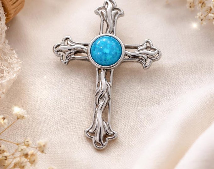 Blue Gilson Opal Cross Pendant 925 Sterling Silver