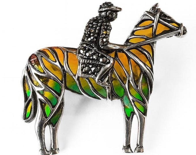 Art Deco Sterling Silver Horse Rider Brooch Pendant with Plique-à-Jour Enamel and Marcasite Stones