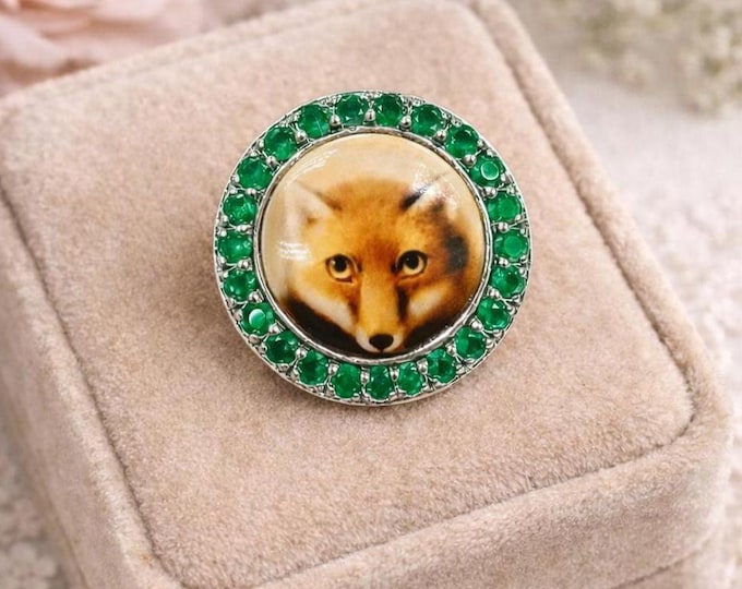 Antique Inspired Emerald / Ruby Encrusted Enamel Fox Pendant Brooch 925 Sterling Silver