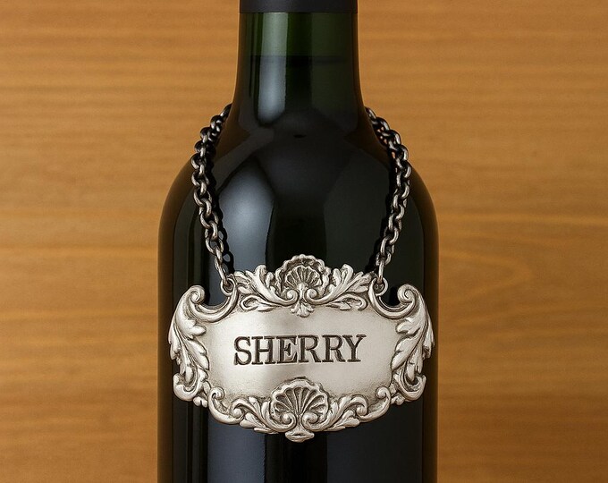 Antique Style Sterling Silver Sherry Decanter Label Ornate Baroque Wine Tag with Chain Vintage Inspired Liquor Bottle Label