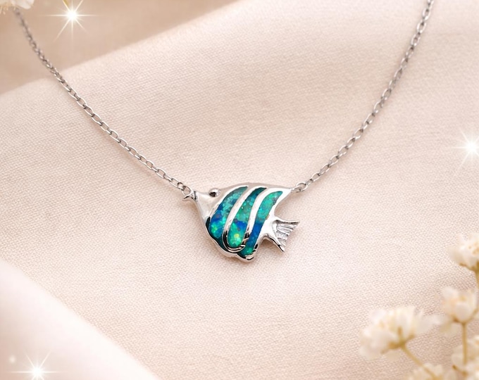 925 Sterling Silver Blue Opal Fish Pendant Necklace Ocean Inspired Minimalist Jewelry
