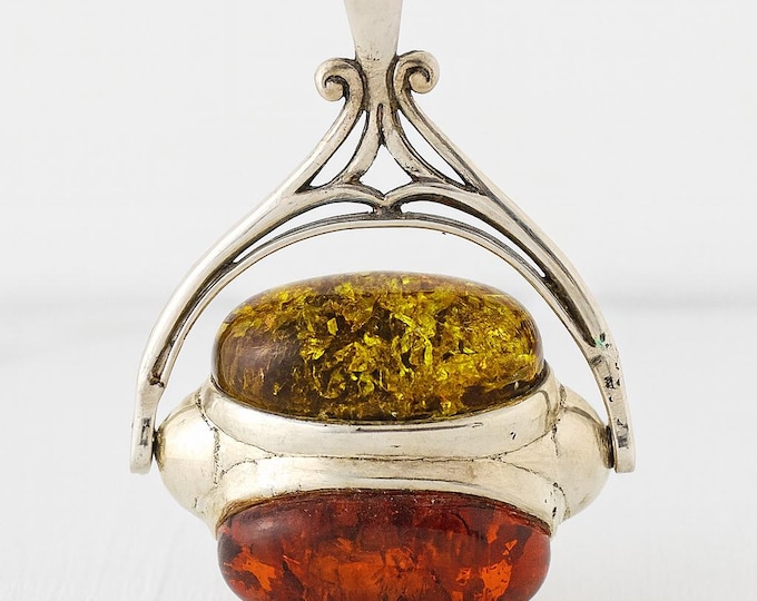 Unique Revolving Pendant with Triple Amber Stones 925 Sterling Silver Amber Spinner Necklace