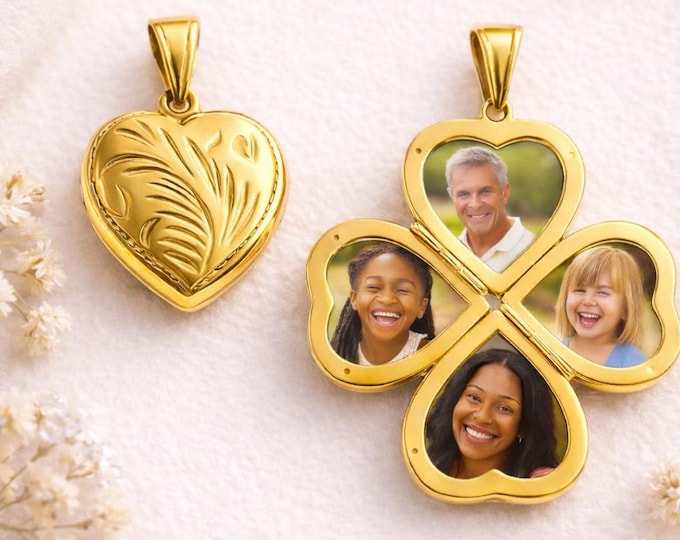 Small Gold Plated 925 Sterling Silver Four Picture Heart Locket Pendant Keepsake Necklace Gift for Her