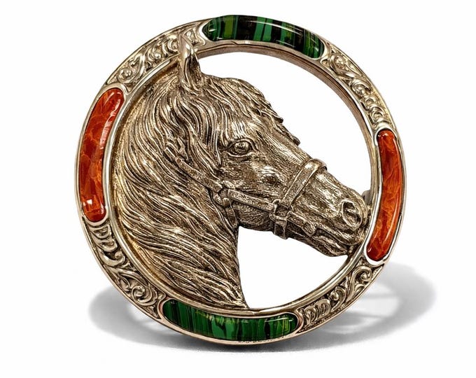 Antique Inspired Horse Coral and Malachite Brooch 925 Sterling Silver