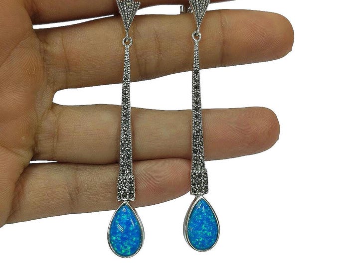 Long Art Deco Inspired White Blue Gilson Opal and Marcasite 925 Sterling Silver Earrings