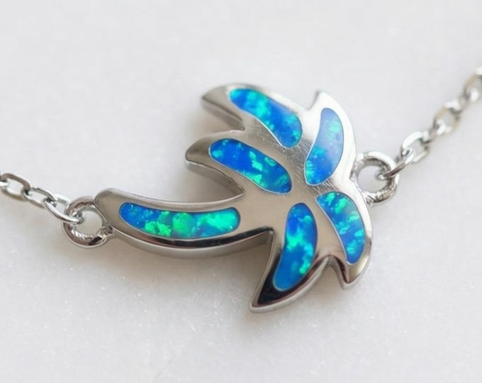 925 Sterling Silver Blue Opal Palm Tree Bracelet Ocean Inspired Minimalist Jewelry
