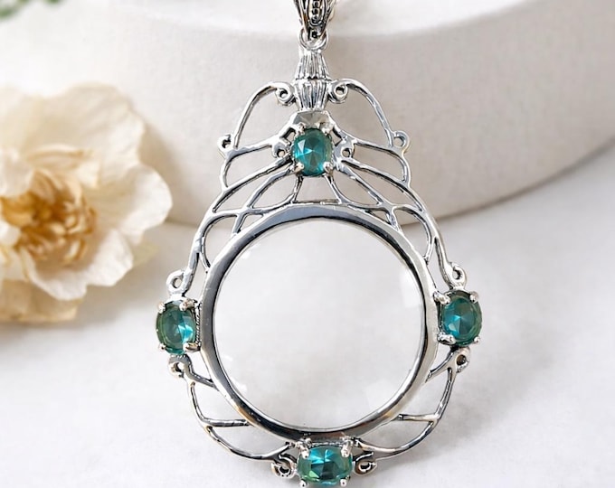 Antique Inspired Collectable Aquamarine Magnifying Glass 925 Sterling Silver with Chain