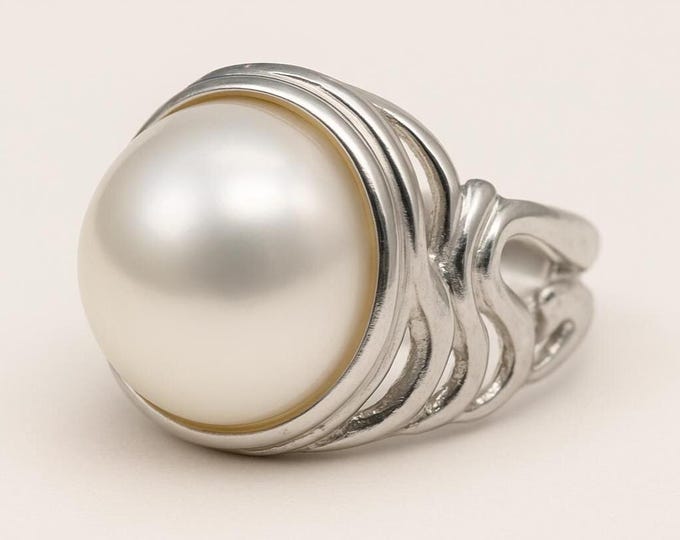 Vintage Style 925 Sterling Silver White Pearl Ring Ornate Filigree Band Bold Statement Pearl Jewelry
