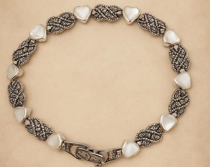 Art Deco Sterling Silver Heart Bracelet, Mother of Pearl & Marcasite
