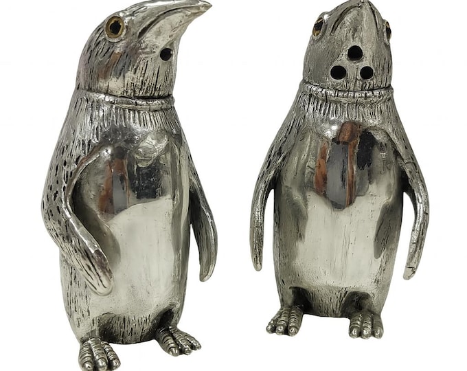 Antique Style Penguin Salt and Pepper Shakers 925 Sterling Silver Plate