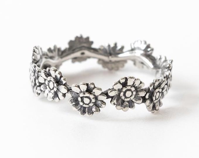 925 Sterling Silver Flower Ring Floral Band Gift for Her